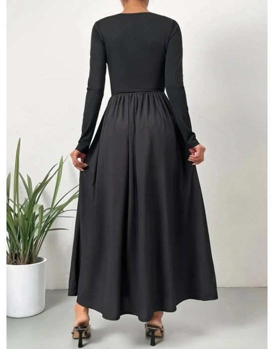 Kadın Uzun Kollu Bisiklet Yaka Uzun üst Viskon Alt Trikoton Elbise