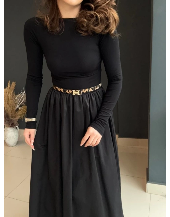 Kadın Uzun Kollu Bisiklet Yaka Uzun üst Viskon Alt Trikoton Elbise