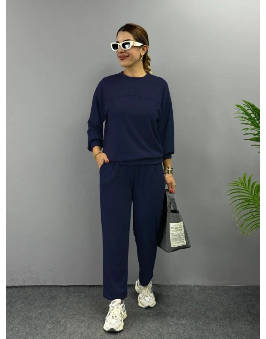 Kadın Uzun Kollu Bisiklet Yaka Viskon Iki Iplik Bluz Ve Pantolon Ikili Takım