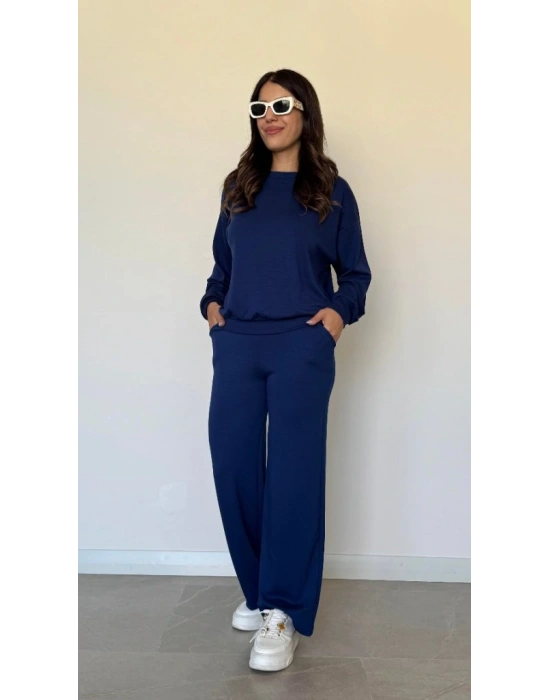 Kadın Uzun Kollu Bisiklet Yaka Viskon Iki Iplik Bluz Ve Pantolon Ikili Takım