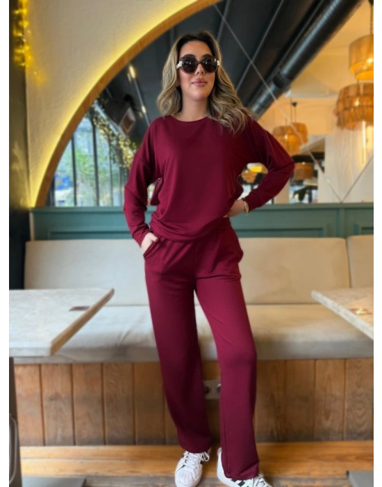 Kadın Uzun Kollu Bisiklet Yaka Viskon Iki Iplik Bluz Ve Pantolon Ikili Takım