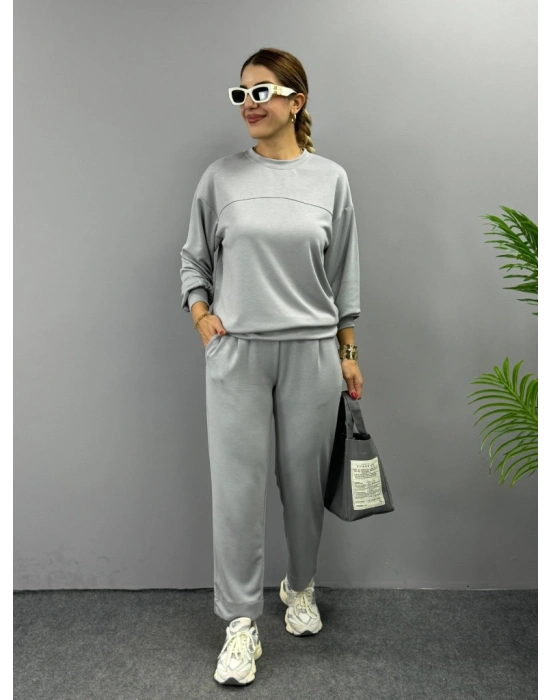 Kadın Uzun Kollu Bisiklet Yaka Viskon Iki Iplik Bluz Ve Pantolon Ikili Takım