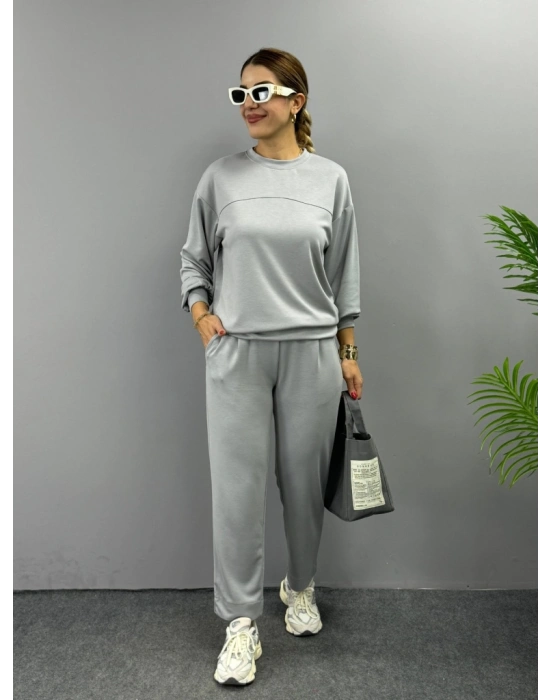 Kadın Uzun Kollu Bisiklet Yaka Viskon Iki Iplik Bluz Ve Pantolon Ikili Takım