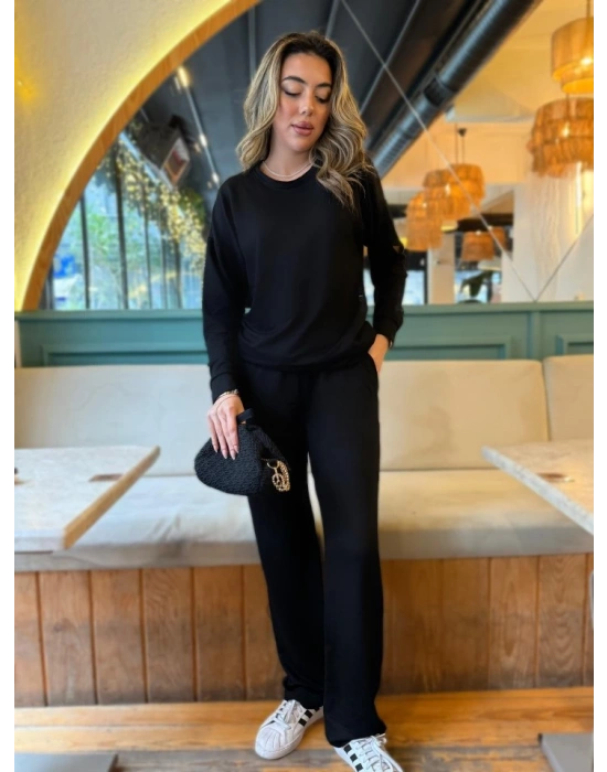 Kadın Uzun Kollu Bisiklet Yaka Viskon Iki Iplik Bluz Ve Pantolon Ikili Takım