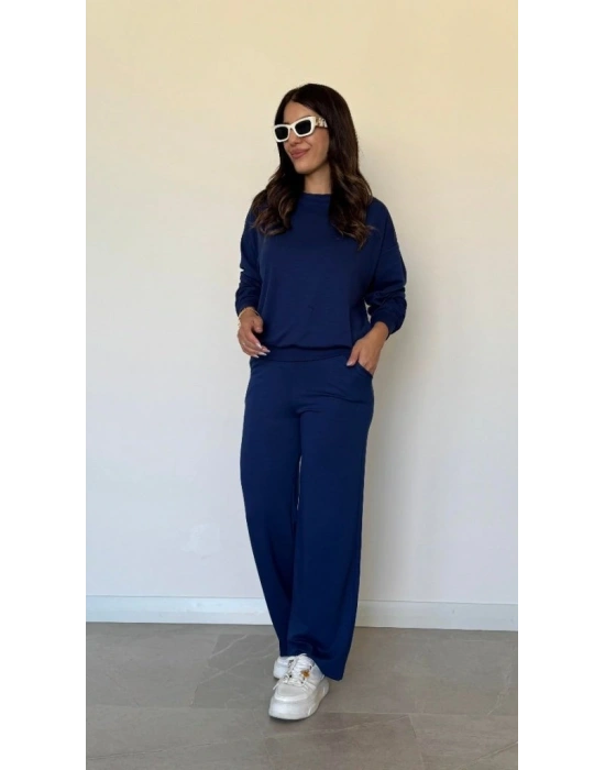 Kadın Uzun Kollu Bisiklet Yaka Viskon Iki Iplik Bluz Ve Pantolon Ikili Takım