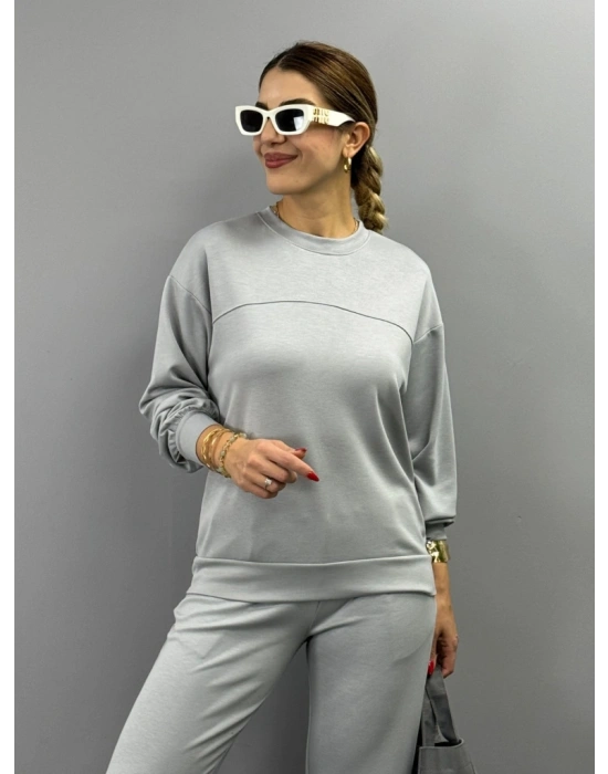 Kadın Uzun Kollu Bisiklet Yaka Viskon Iki Iplik Bluz Ve Pantolon Ikili Takım