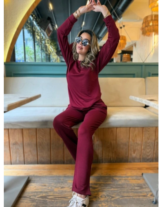 Kadın Uzun Kollu Bisiklet Yaka Viskon Iki Iplik Bluz Ve Pantolon Ikili Takım