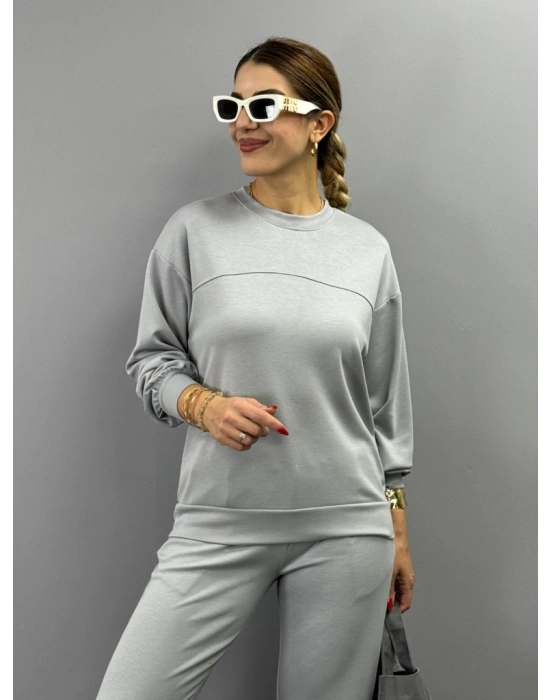 Kadın Uzun Kollu Bisiklet Yaka Viskon Iki Iplik Bluz Ve Pantolon Ikili Takım