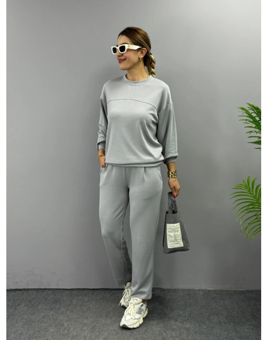 Kadın Uzun Kollu Bisiklet Yaka Viskon Iki Iplik Bluz Ve Pantolon Ikili Takım