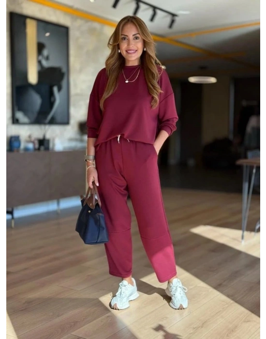 Kadın Uzun Kollu Bisiklet Yaka Viskon Iki Iplik Bluz Ve Pantolon Ikili Takım