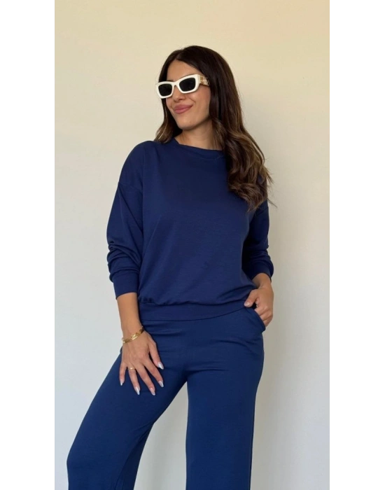 Kadın Uzun Kollu Bisiklet Yaka Viskon Iki Iplik Bluz Ve Pantolon Ikili Takım