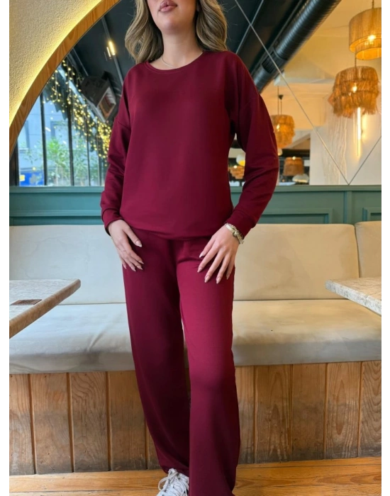Kadın Uzun Kollu Bisiklet Yaka Viskon Iki Iplik Bluz Ve Pantolon Ikili Takım