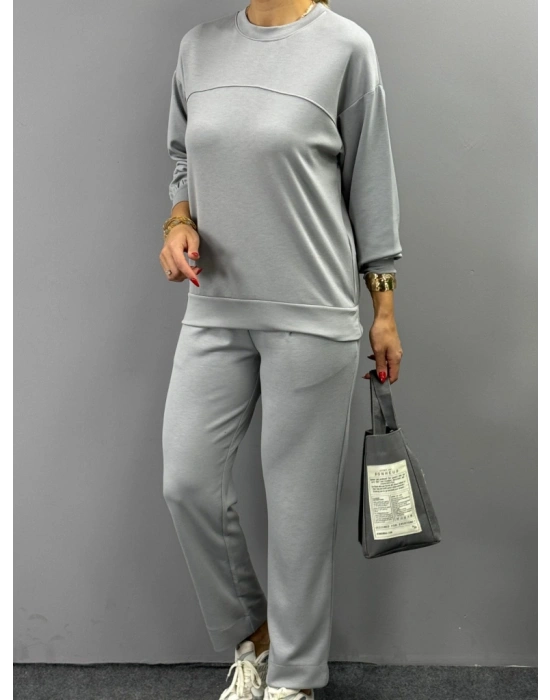 Kadın Uzun Kollu Bisiklet Yaka Viskon Iki Iplik Bluz Ve Pantolon Ikili Takım