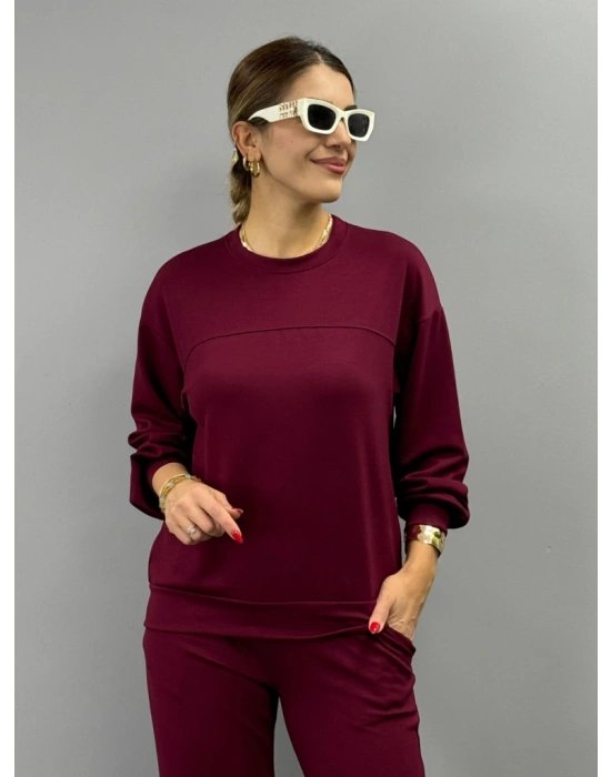 Kadın Uzun Kollu Bisiklet Yaka Viskon Iki Iplik Bluz Ve Pantolon Ikili Takım