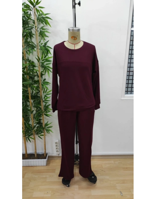 Kadın Uzun Kollu Bisiklet Yaka Viskon Iki Iplik Bluz Ve Pantolon Ikili Takım