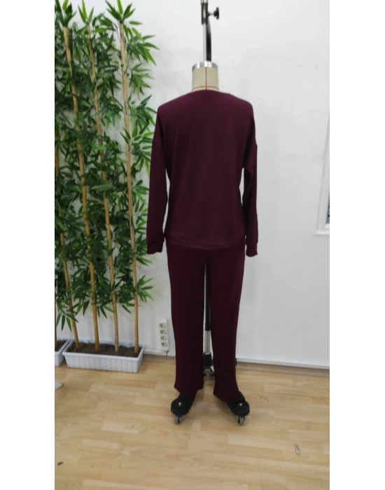 Kadın Uzun Kollu Bisiklet Yaka Viskon Iki Iplik Bluz Ve Pantolon Ikili Takım