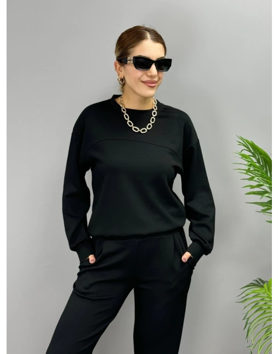 Kadın Uzun Kollu Bisiklet Yaka Viskon Iki Iplik Bluz Ve Pantolon Ikili Takım