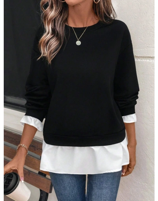 Kadın Uzun Kollu Bisiklet Yaka Viskon Iki Iplik Ve Etek Ucu Trikoton Bluz