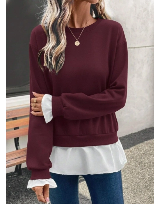 Kadın Uzun Kollu Bisiklet Yaka Viskon Iki Iplik Ve Etek Ucu Trikoton Bluz