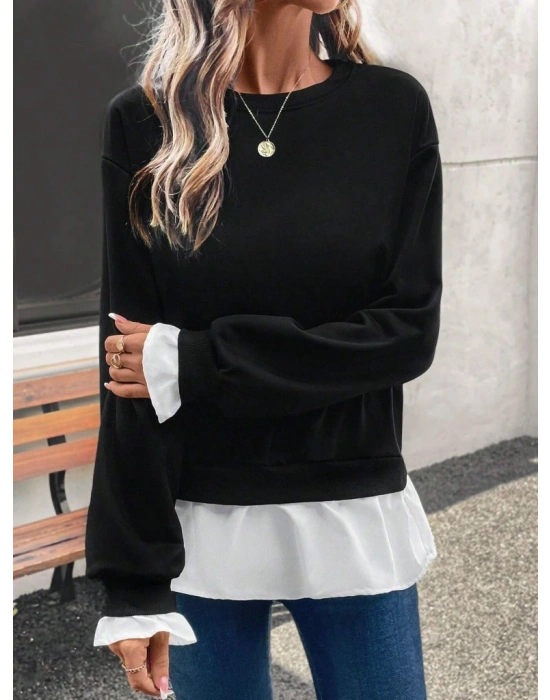 Kadın Uzun Kollu Bisiklet Yaka Viskon Iki Iplik Ve Etek Ucu Trikoton Bluz