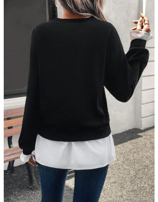 Kadın Uzun Kollu Bisiklet Yaka Viskon Iki Iplik Ve Etek Ucu Trikoton Bluz