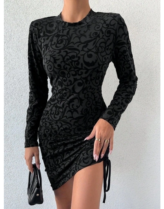 Kadın Uzun Kollu Bisiklet Yaka Yandan Büzgülü Flok Baskı Sandy Elbise