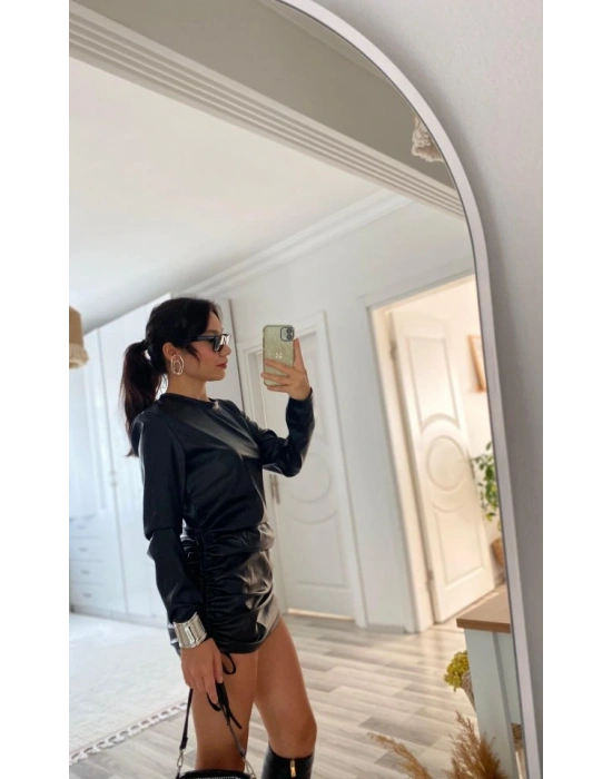 Kadın Uzun Kollu Bisiklet Yaka Yandan Büzgülü Kısa Deri Elbise