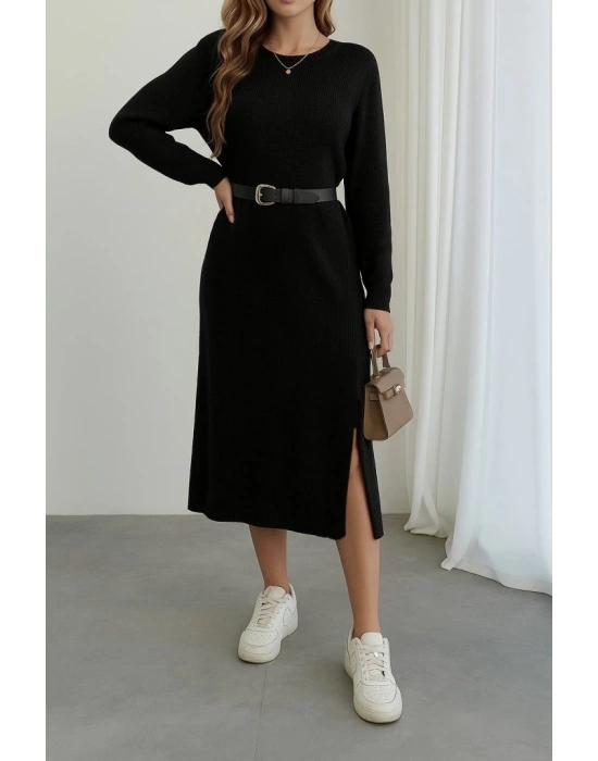 Kadın Uzun Kollu Bisiklet Yaka Yandan Yırtmaçlı Midi Triko Elbise