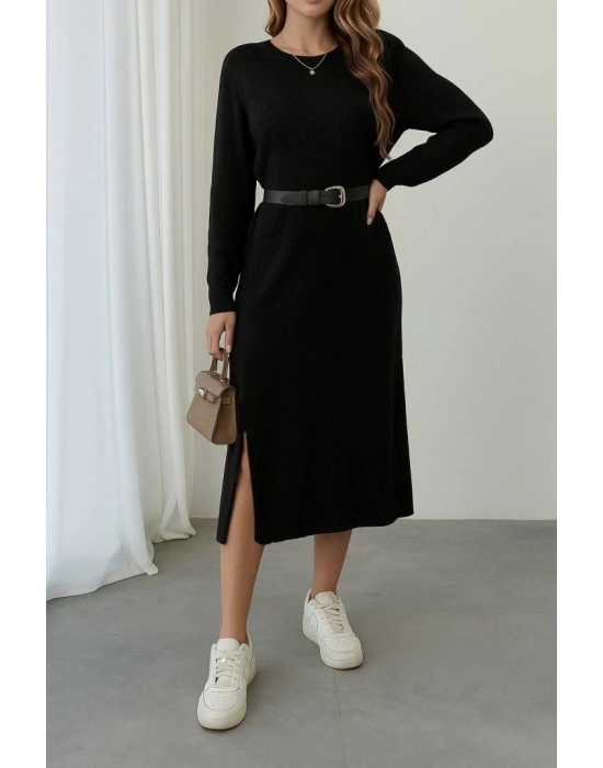 Kadın Uzun Kollu Bisiklet Yaka Yandan Yırtmaçlı Midi Triko Elbise