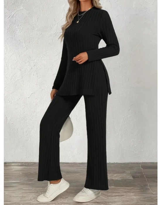 Kadın Uzun Kollu Bisiklet Yaka Yandan Yırtmaçlı şardonlu Kaşkorse Bluz Ve Pantolon Ikili Takım