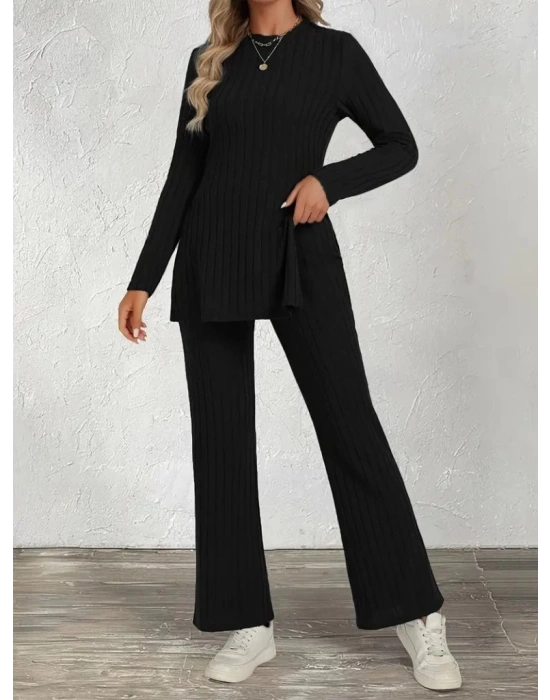 Kadın Uzun Kollu Bisiklet Yaka Yandan Yırtmaçlı şardonlu Kaşkorse Bluz Ve Pantolon Ikili Takım