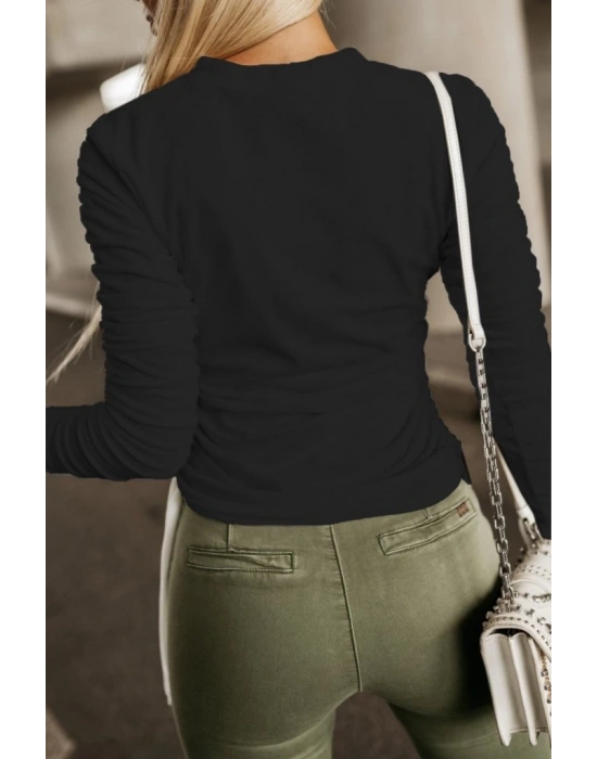 Kadın Uzun Kollu Bisiklet Yaka Yanları Ve Kolları Büzgülü Kadife Bluz