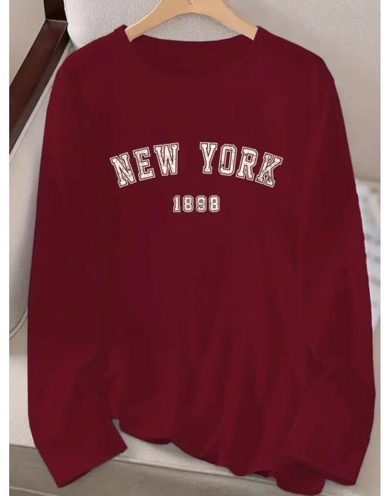 Kadın Uzun Kollu Bisiklet Yaka Yazı Baskılı Viskon Bluz