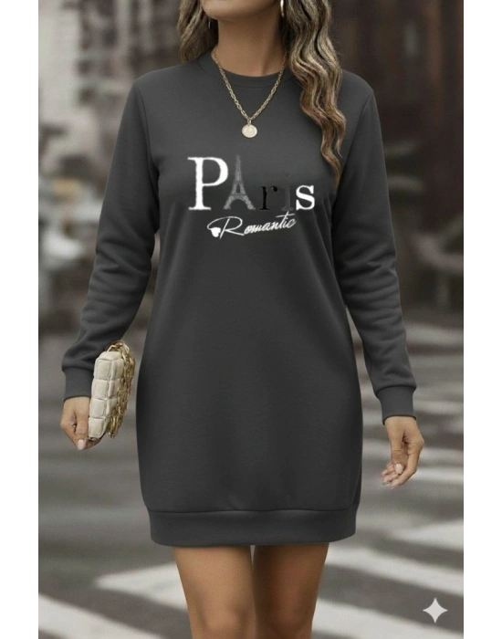 Kadın Uzun Kollu Bisiklet Yaka Yazılı Kısa Viskon Iki Iplik Elbise