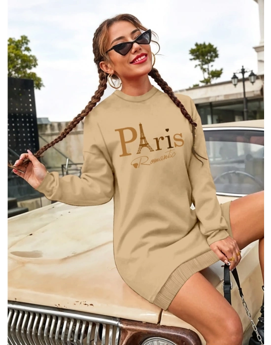 Kadın Uzun Kollu Bisiklet Yaka Yazılı Kısa Viskon Iki Iplik Elbise