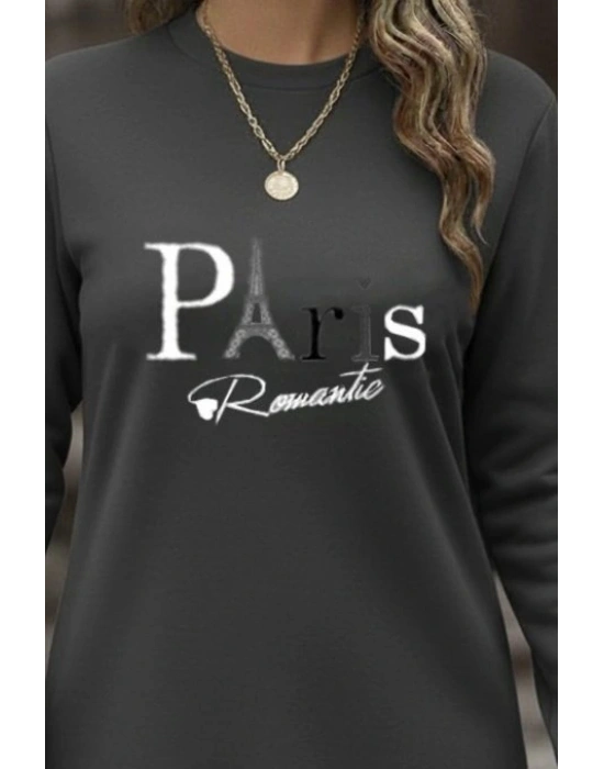 Kadın Uzun Kollu Bisiklet Yaka Yazılı Kısa Viskon Iki Iplik Elbise