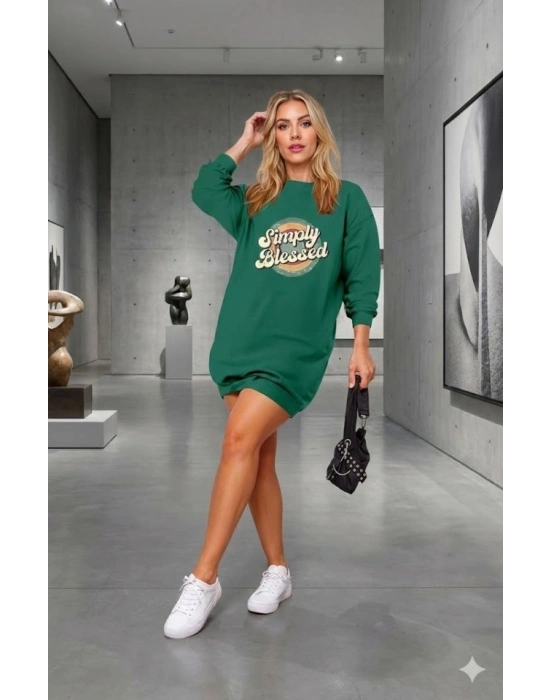 Kadın Uzun Kollu Bisiklet Yaka Yazılı Viskon Iki Iplik Elbise