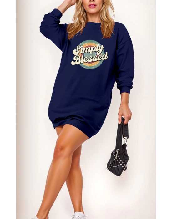 Kadın Uzun Kollu Bisiklet Yaka Yazılı Viskon Iki Iplik Elbise