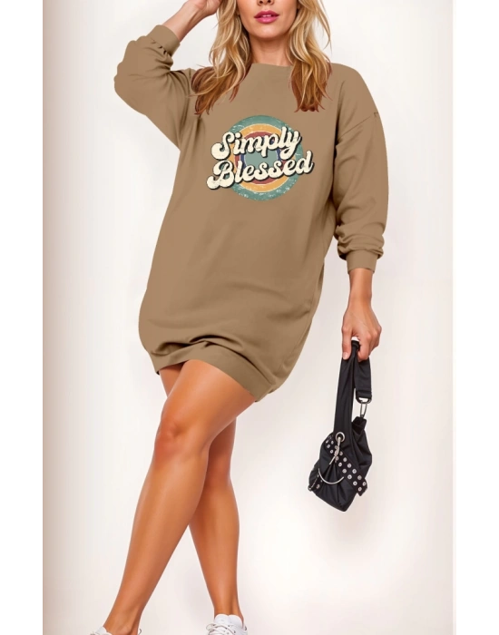 Kadın Uzun Kollu Bisiklet Yaka Yazılı Viskon Iki Iplik Elbise