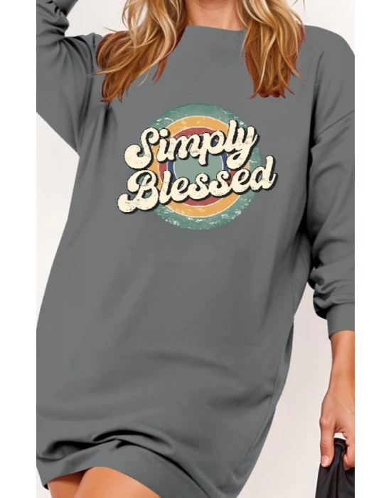 Kadın Uzun Kollu Bisiklet Yaka Yazılı Viskon Iki Iplik Elbise