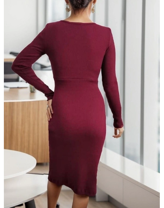 Kadın Uzun Kollu Bisiklet Yaka Yırtmaç Detay Büzgülü Kaşkorse Elbise