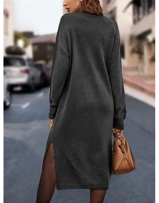 Kadın Uzun Kollu Bisiklet Yaka Yırtmaç Detay Triko Midi Boy Elbise