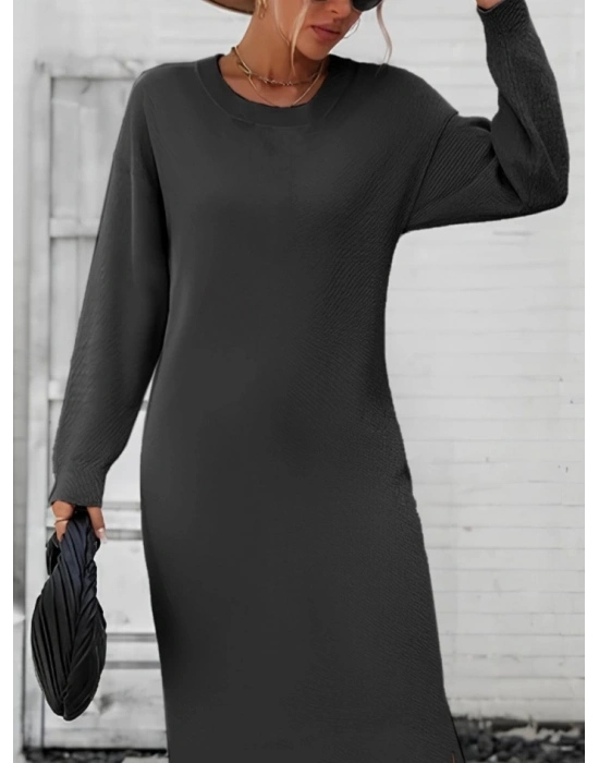 Kadın Uzun Kollu Bisiklet Yaka Yırtmaç Detay Triko Midi Boy Elbise