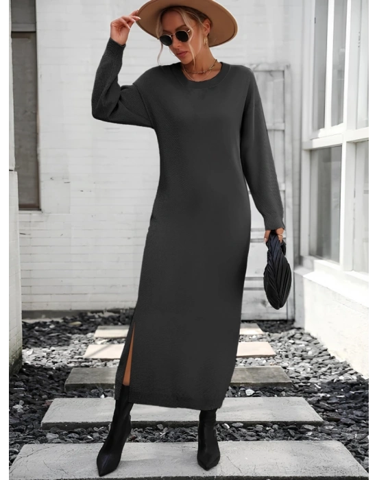 Kadın Uzun Kollu Bisiklet Yaka Yırtmaç Detay Triko Midi Boy Elbise