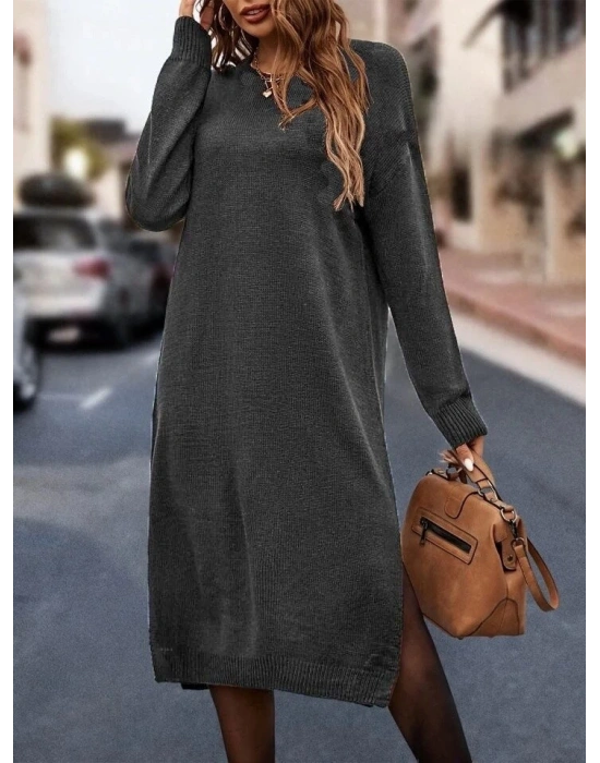 Kadın Uzun Kollu Bisiklet Yaka Yırtmaç Detay Triko Midi Boy Elbise