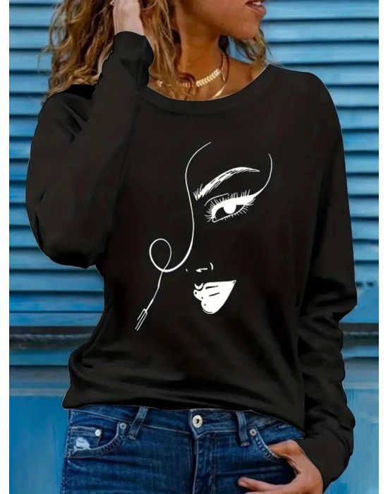 Kadın Uzun Kollu Bisiklet Yaka Yüz Desenli Viskon Bluz