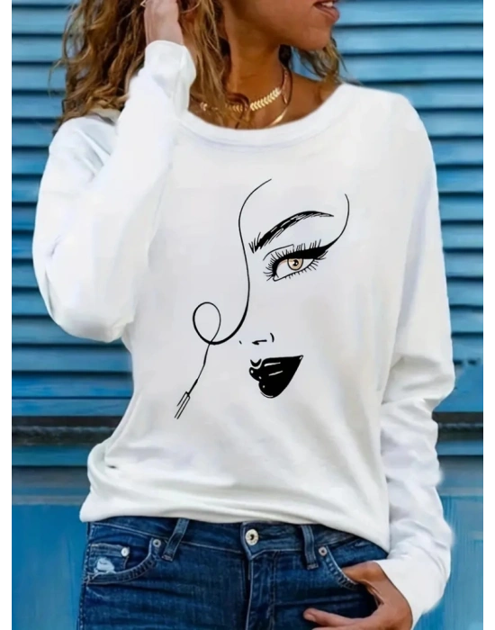 Kadın Uzun Kollu Bisiklet Yaka Yüz Desenli Viskon Bluz