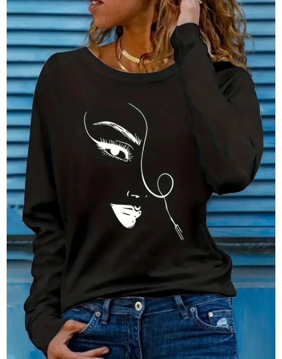 Kadın Uzun Kollu Bisiklet Yaka Yüz Desenli Viskon Bluz