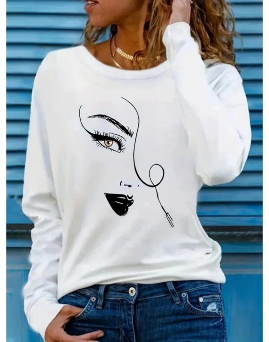 Kadın Uzun Kollu Bisiklet Yaka Yüz Desenli Viskon Bluz