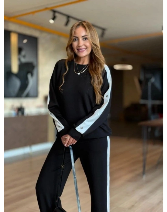 Kadın Uzun Kollu Bisiklet Yakalı Düğmeli Viskon Iki Iplik Bluz Ve Pantolon Ikili Takım